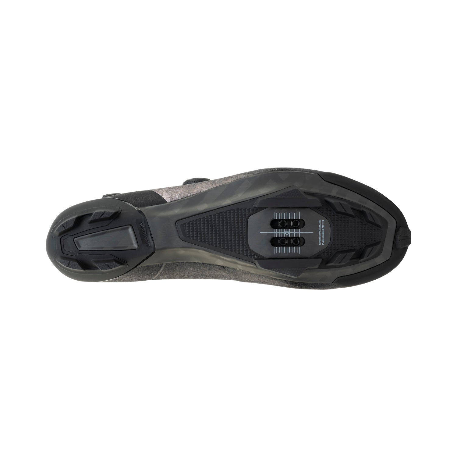 The bottom of a Shimano SH-RX801E Wide gravel cycling shoe in black