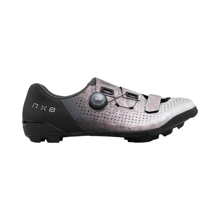 The outside of a Shimano RX801 Gravel Cycling Shoe in Silver