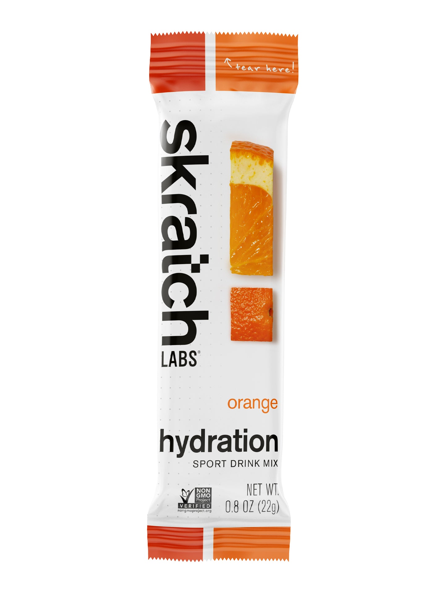 A single serving pack of Skratch Labs orange hydration sport drink mix