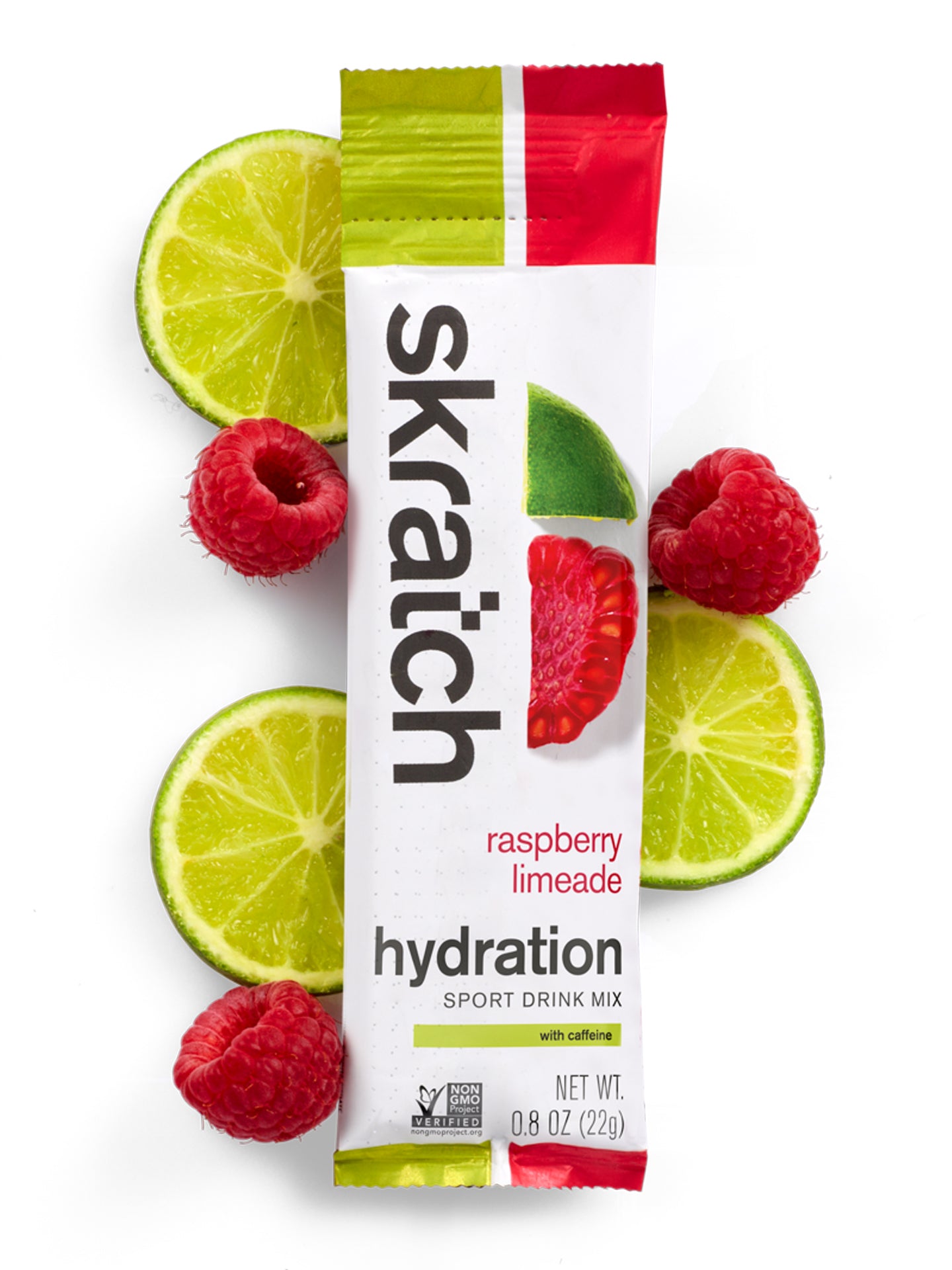 A single serving pack of Skratch Labs raspberry limeade hydration sport drink mix