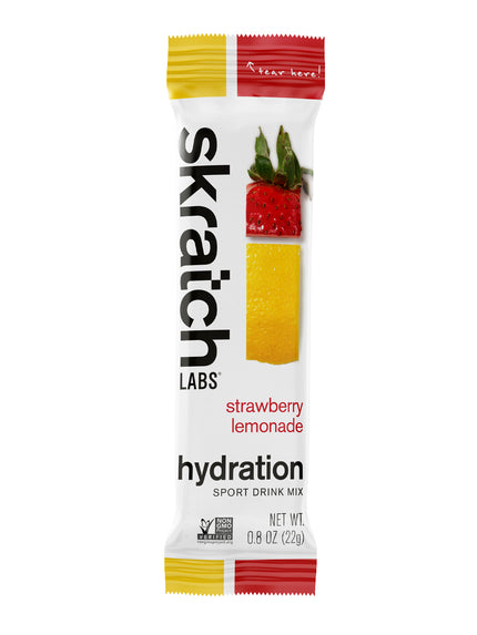 A single serving pack of Skratch Labs Strawberry lemonade hydration sport drink mix