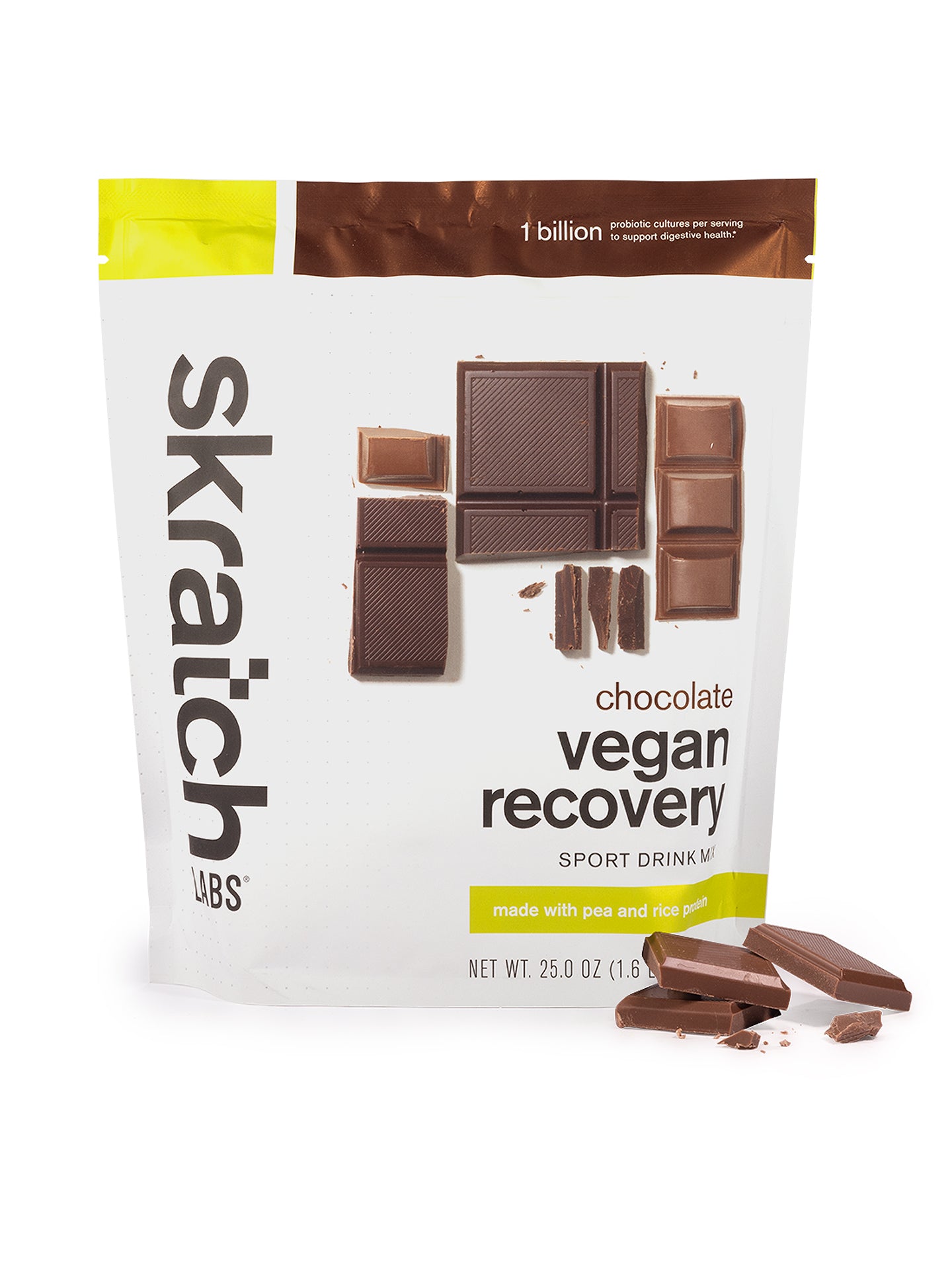 The front of a pouch of Skratch Labs Vegan Recovery Sport Drink Mix protein powder for endurance athletes