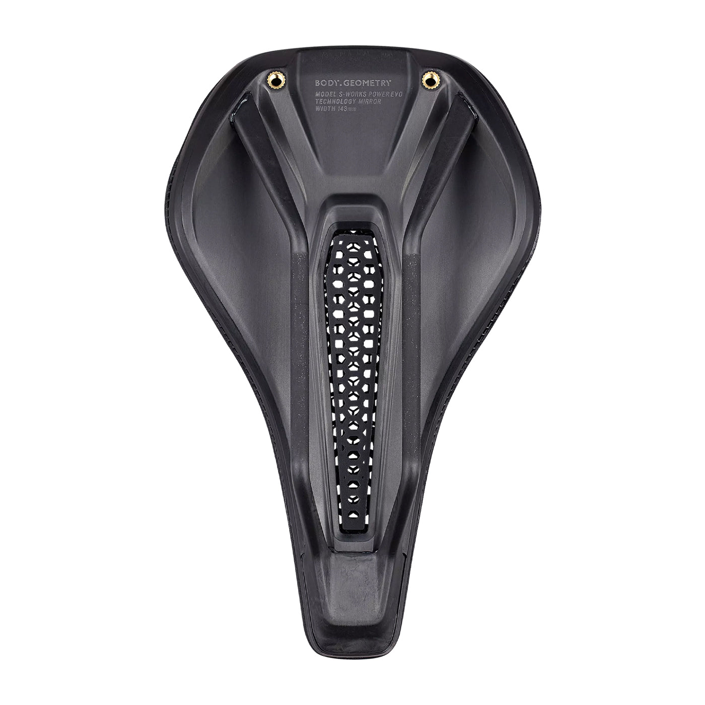 The bottom of an S-Works Power Evo black bicycle saddle
