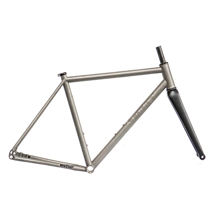 A Stinner Gibraltar Frameset in Raw Titanium with Metier logo on chainstay