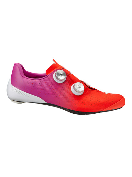 Specialized Sworks Torch Carbon Road Cycling Shoe in Fry Red and purple, side view