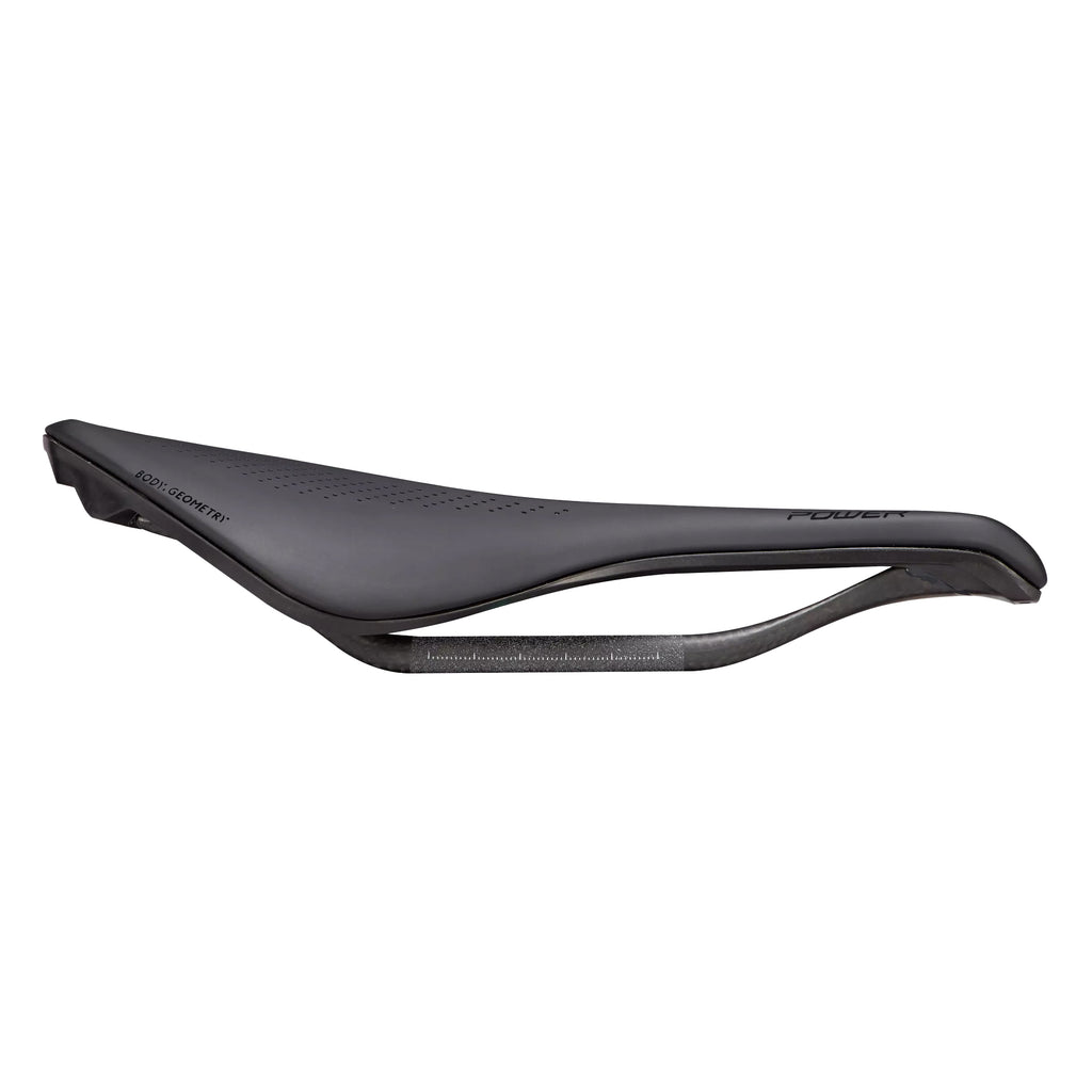 The side profile of an Specialized S-Works Power Saddle with Carbon Rails