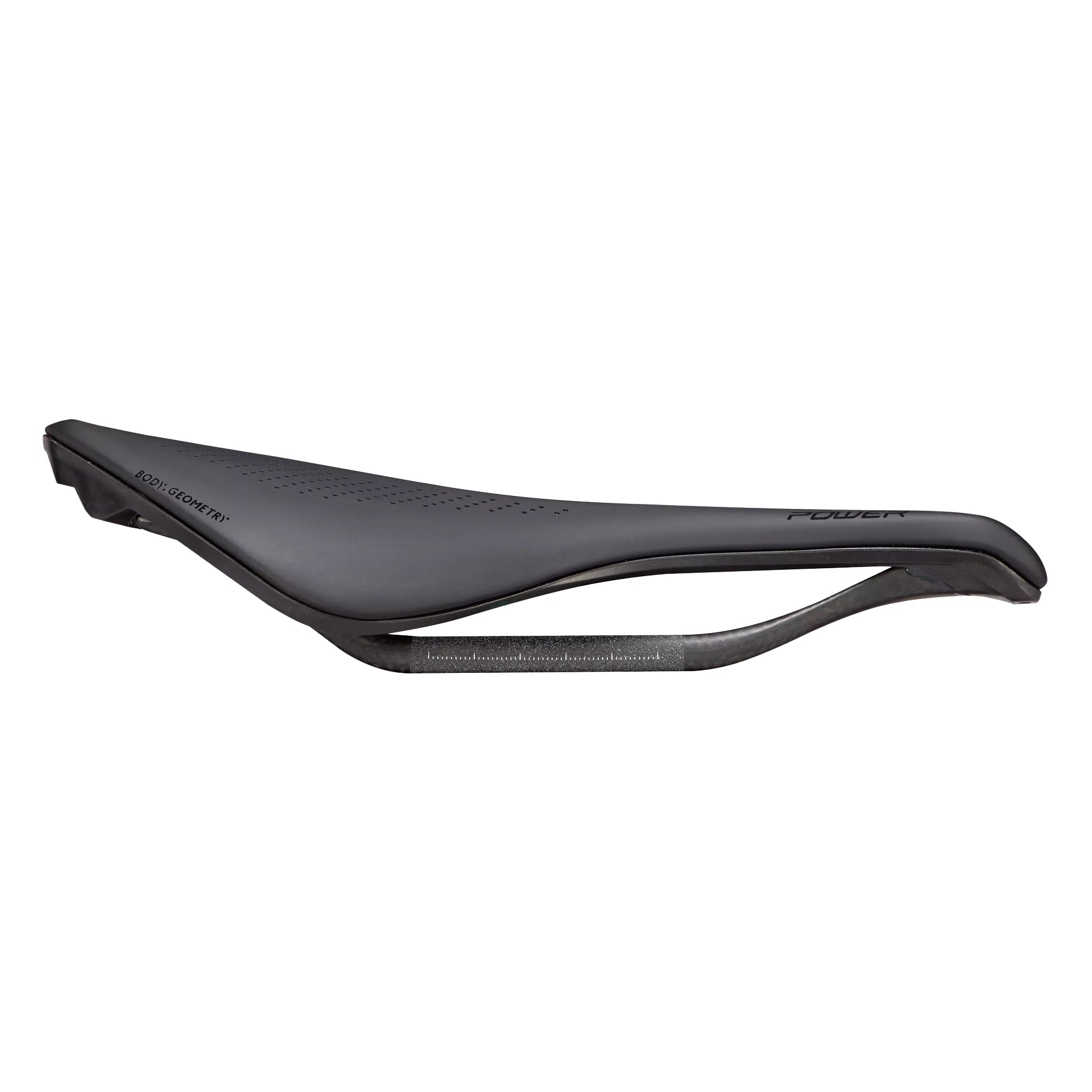 The side profile of an Specialized S-Works Power Saddle with Carbon Rails