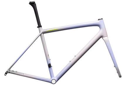 The side profile of a Specialized S-Works Aethos frameset in the Satin Clay-Powder Indigo color option