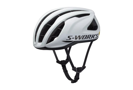 The front/side of a white and black Specialized S-Works Prevail 3 bicycle helmet with black S-works logos and straps
