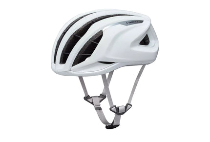 The front/side of a white Specialized S-Works Prevail 3 bicycle helmet with white straps
