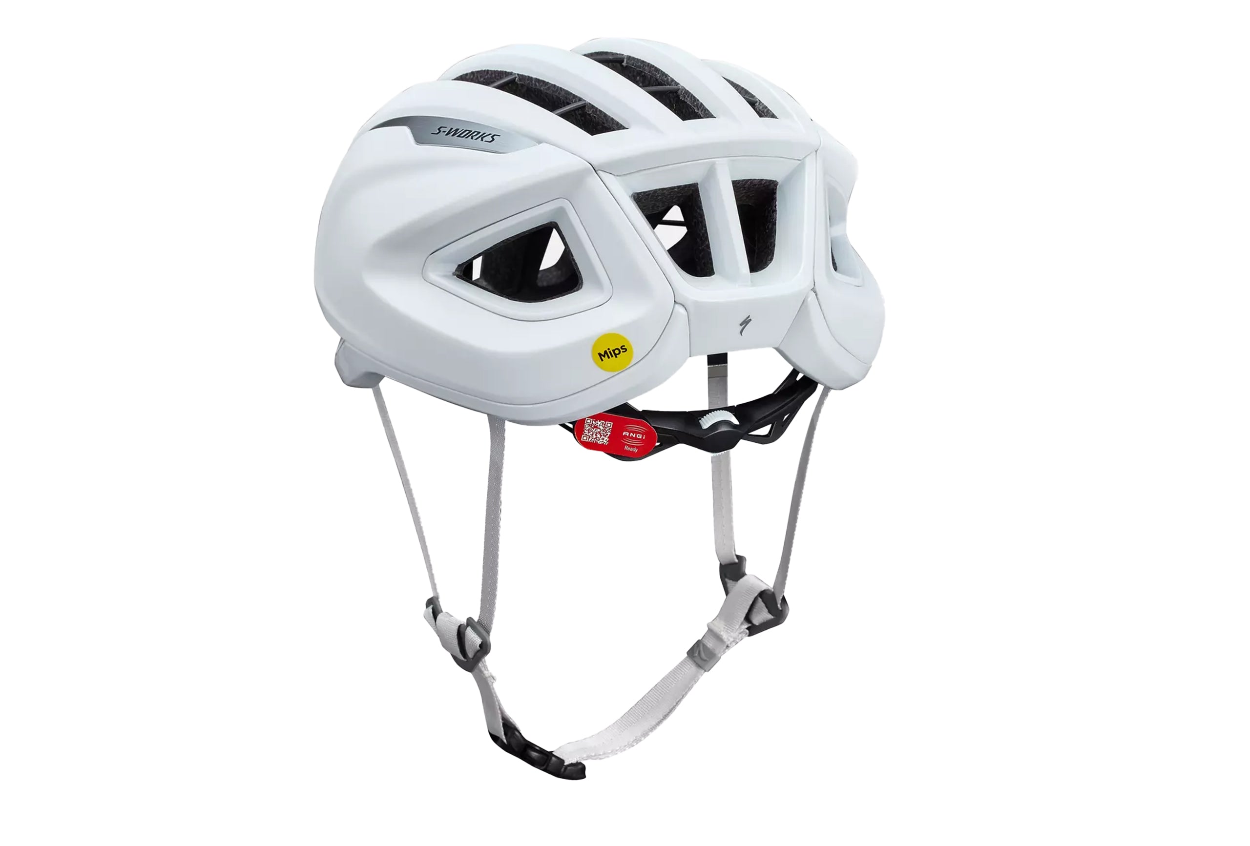 The back of a white Specialized S-Works Prevail 3 bicycle helmet with white straps