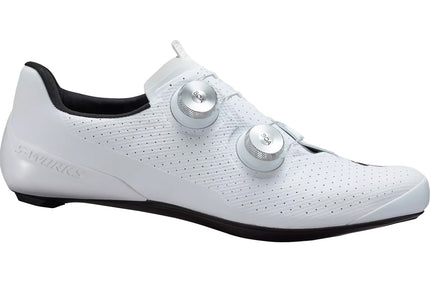 The outside of a White S-Works Torch road cycling shoe