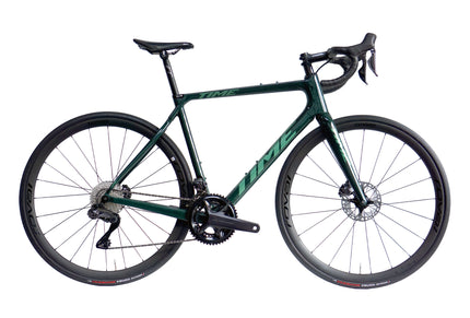 The side of a Forest Green Time ADHX endurance road bike with Ultegra Di2 groupset and Roval Terra CLX carbon wheels