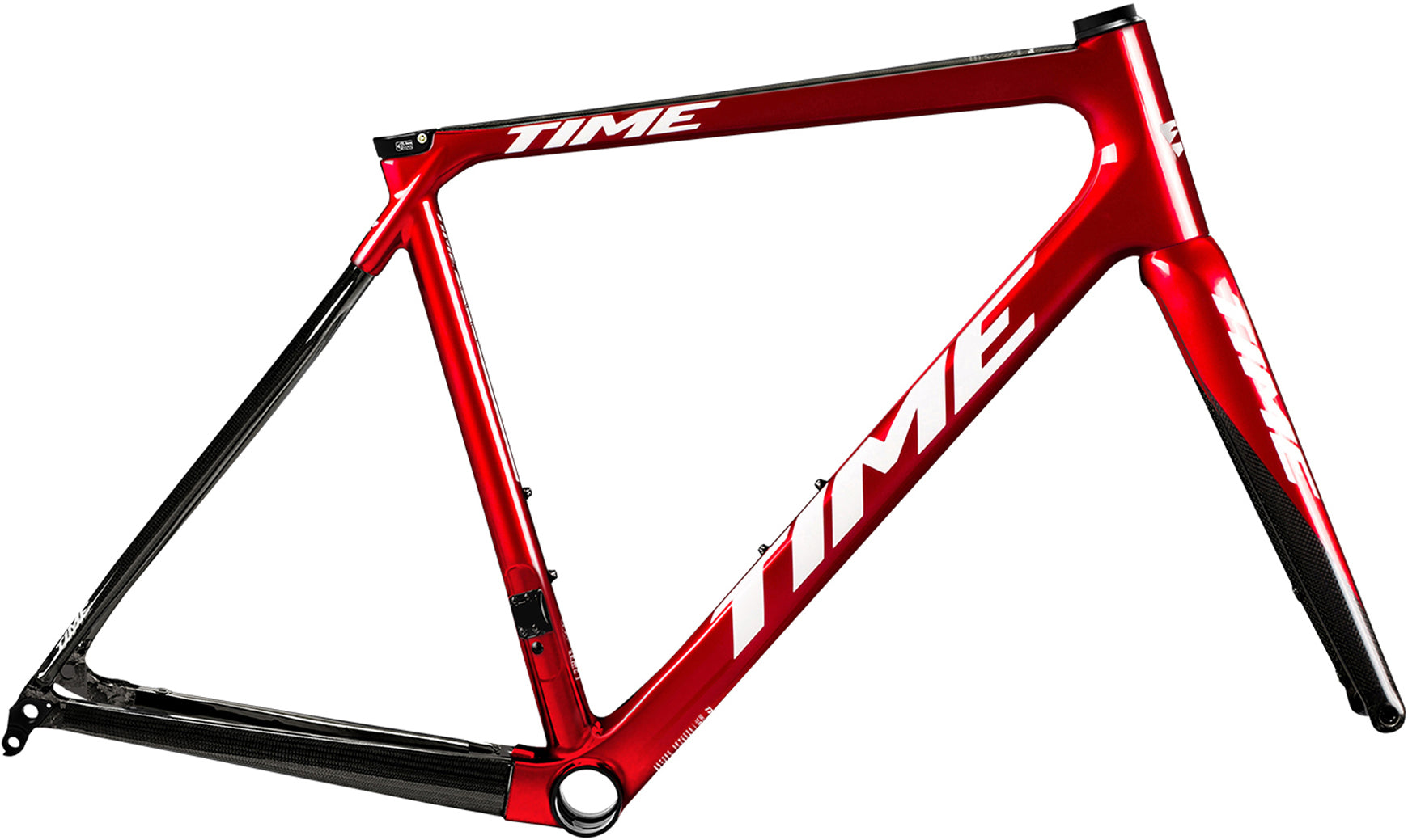 A Chroma-Red color Time ADH Alpe d'Huez Carbon Fiber Disc Road Climbing Bicycle Frameset with white Time Logos