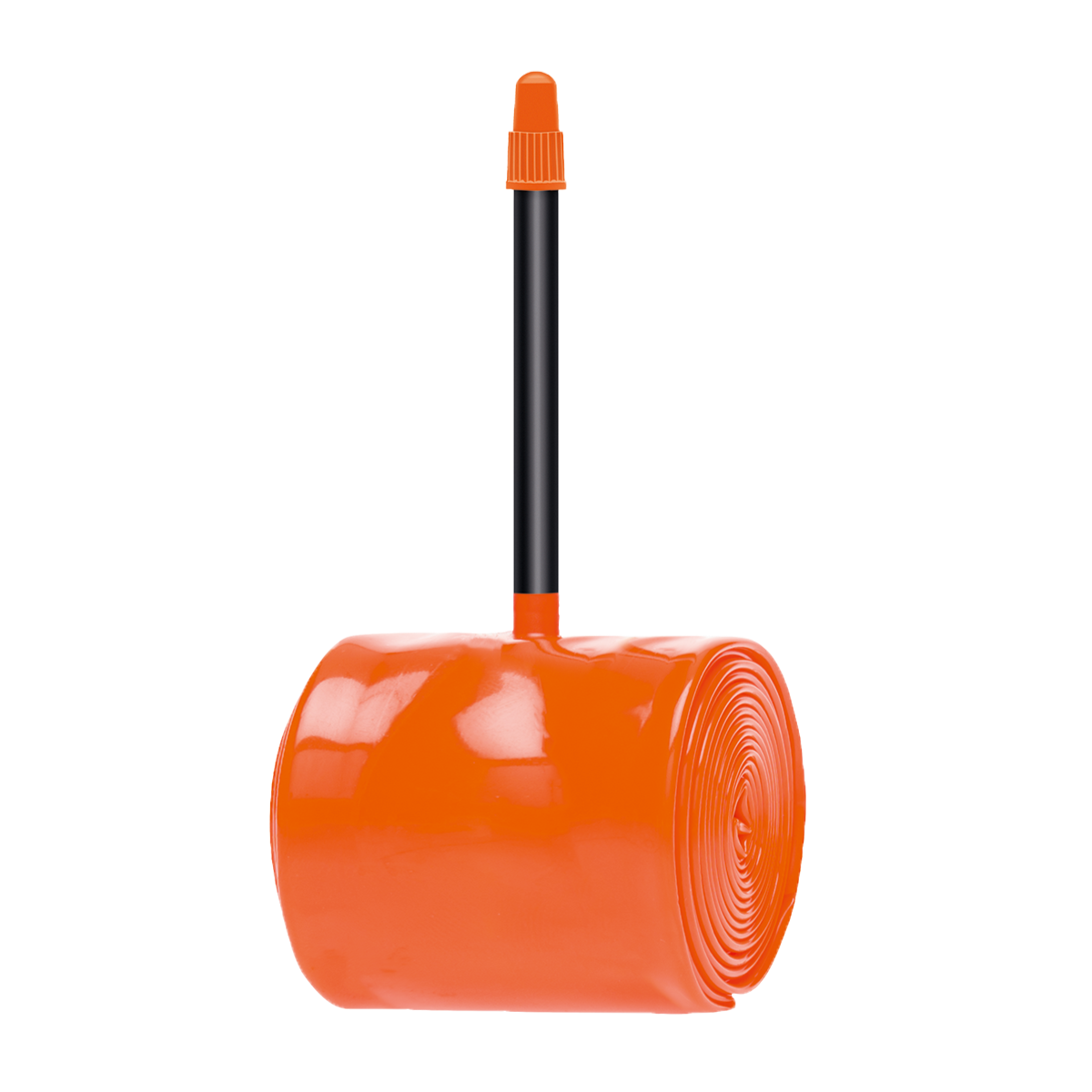 Orange cylindrical container with a black handle on a white background