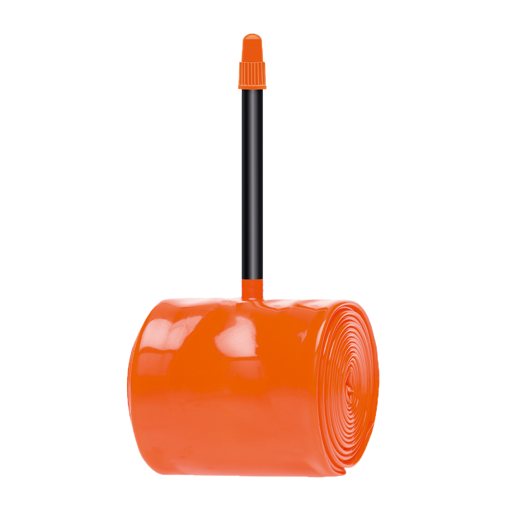 Orange cylindrical container with a black handle on a white background