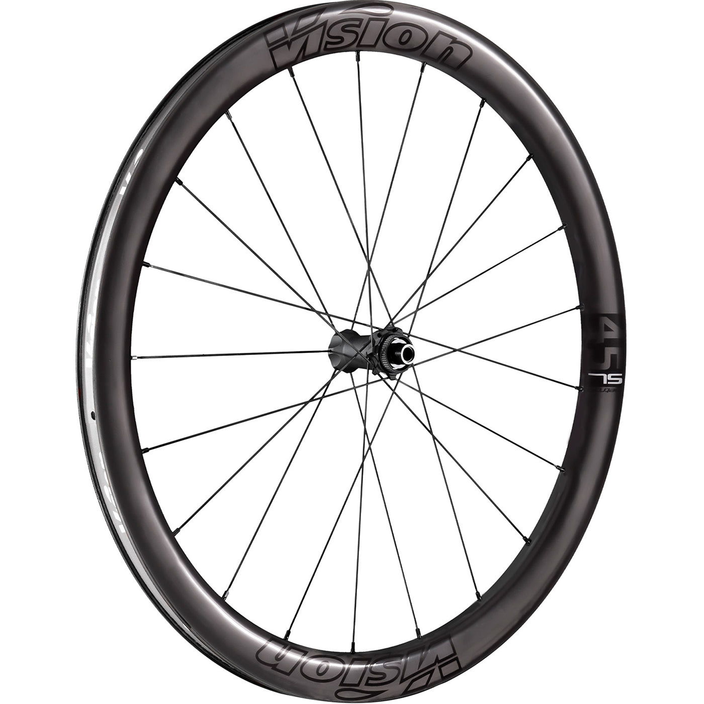 A Vision Metron 45 SL Tubeless ready carbon front road bicycle wheel with a white background