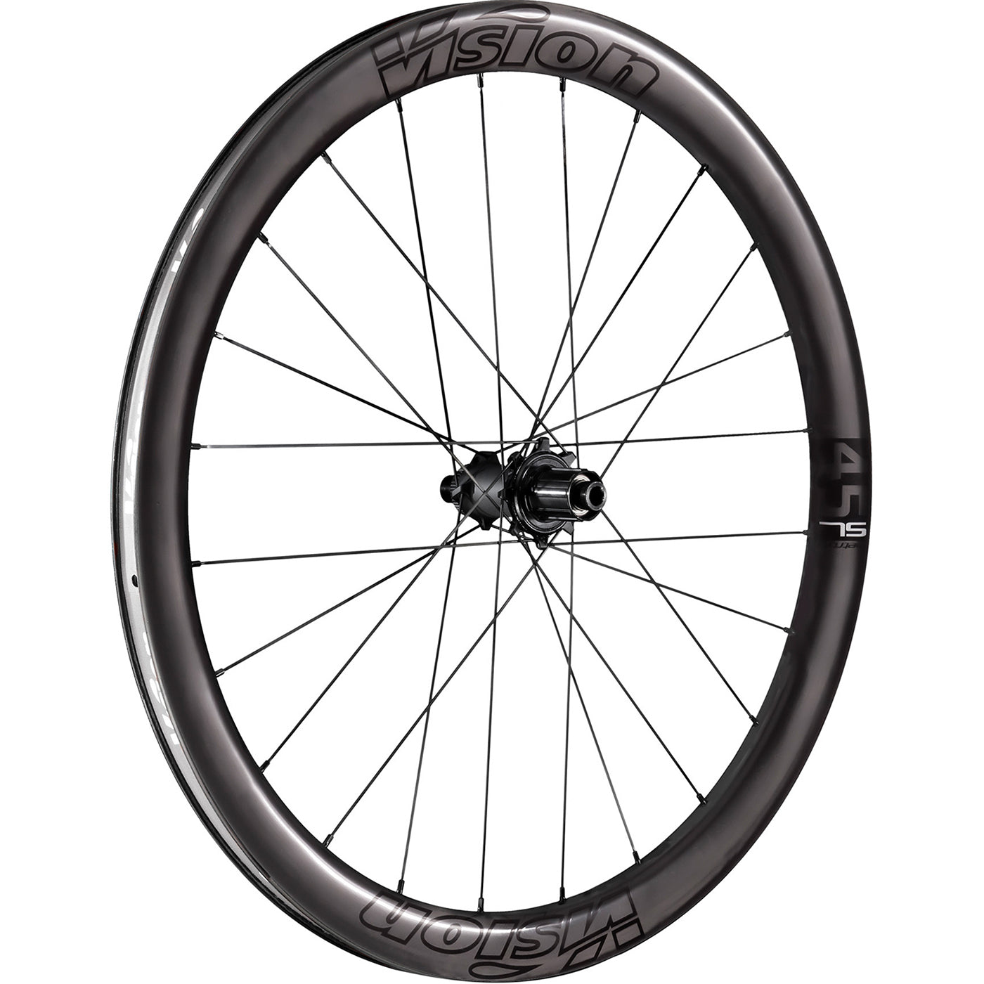 A Vision Metron 45 SL Tubeless ready carbon rear road bicycle wheel with a white background