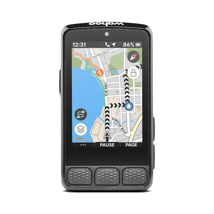 A Wahoo Elemnt Roam V3 Cycling Computer with navigation route on-screen