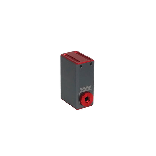 Black and red electronic device on a white background