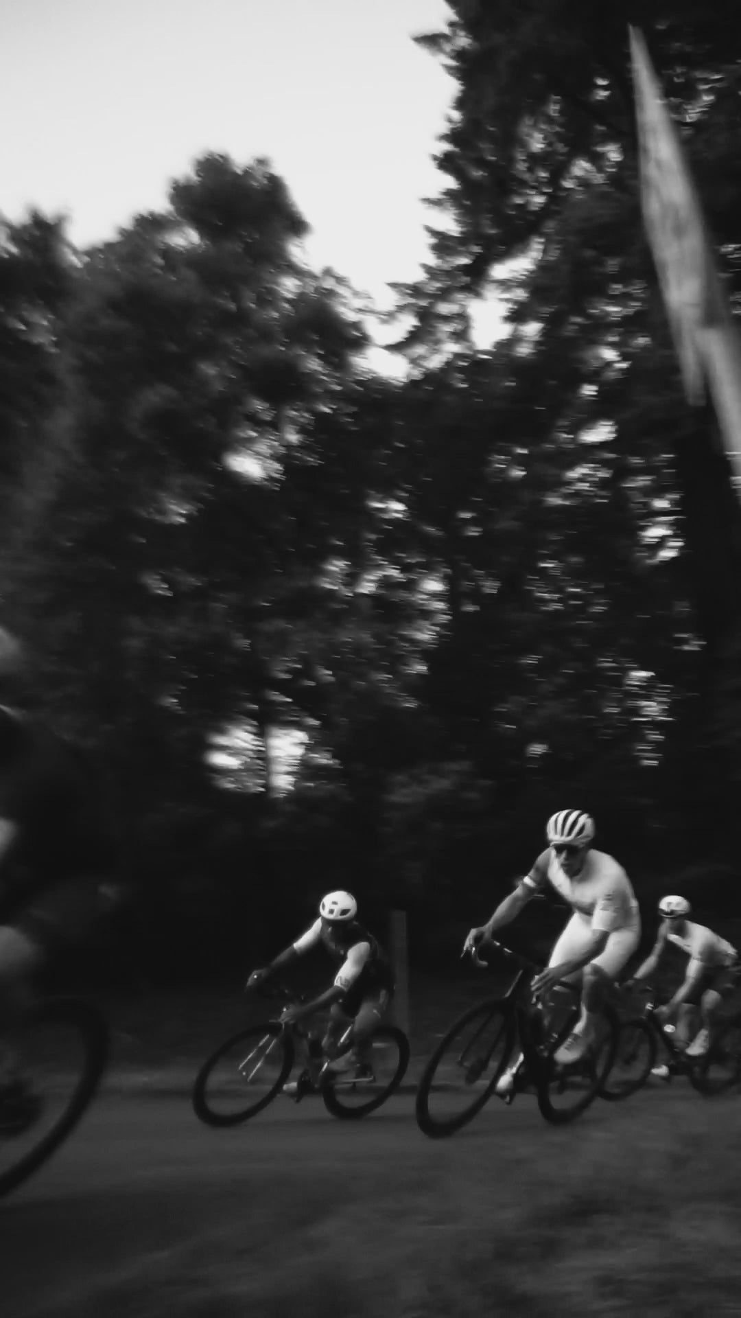 A group of road cyclists riding around a corner during the Seward Park weeknight crit race in Seattle